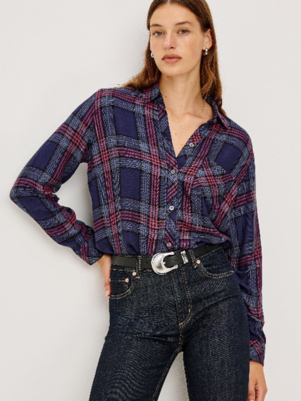 Rails Hunter Shirt Navy Rose Plaid Small NWT 100% Rayon Button Down